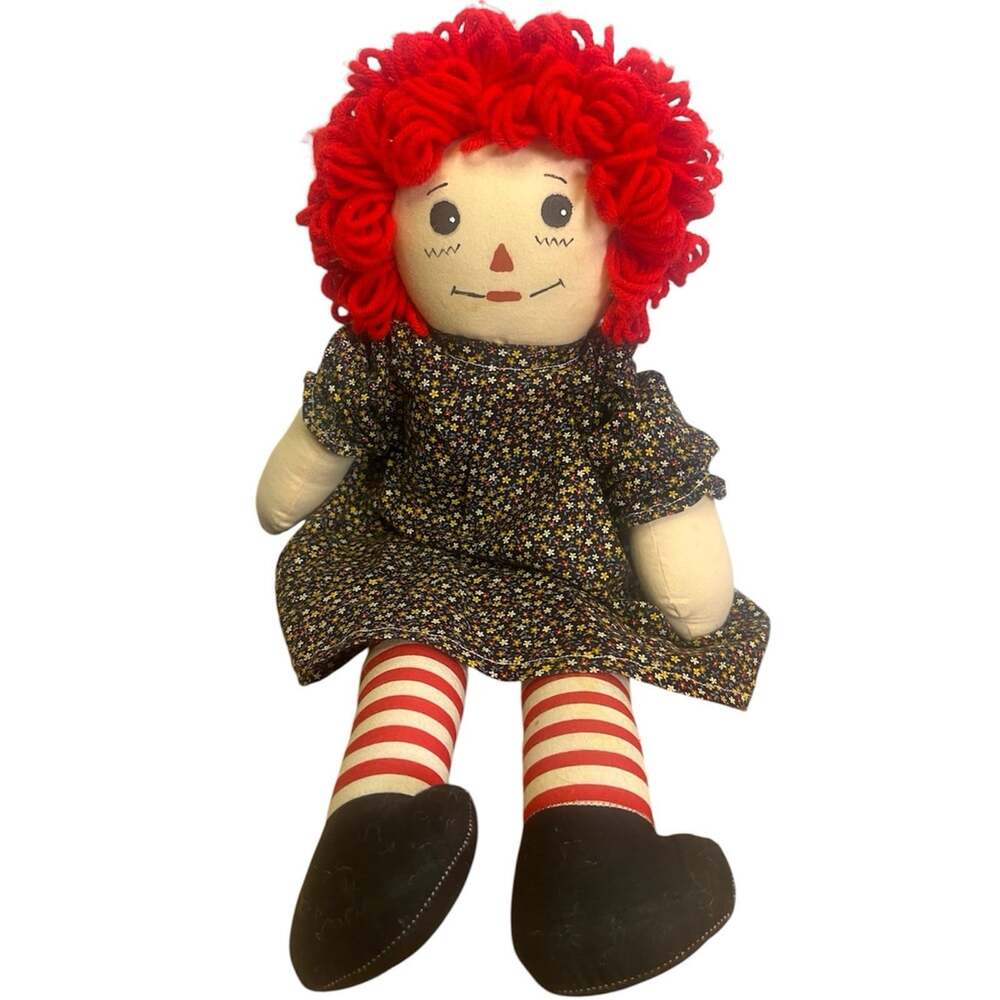 Handmade Raggedy Ann Cloth Doll 18 Inch Yarn Hair Floral Dress Bloomers Striped